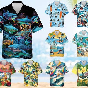 Sea Predators Hawaiian Shirts for Men, Shark Casual Button Down Summer Aloha Beach Shirt, Tropical Shark Hawaiian Shirt, Funny Shark Aloha