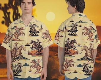 Vintage Cowboy Hawaiian Shirt For Men, Western Cowboy Button Down Shirt, Retro Cowboy Mens Hawaiian Shirt Button Down Short Sleeves