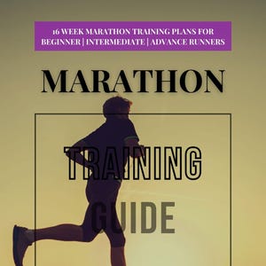 Puede incluir: Silueta de un corredor contra un atardecer. La imagen incluye el texto "MARATHON TRAINING GUIDE" y "16 WEEK MARATHON TRAINING PLANS FOR BEGINNER | INTERMEDIATE | ADVANCE RUNNERS". Guía para corredores de maratón.