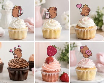 Capibara verjaardag cupcake toppers - gepersonaliseerde feestdecoratie