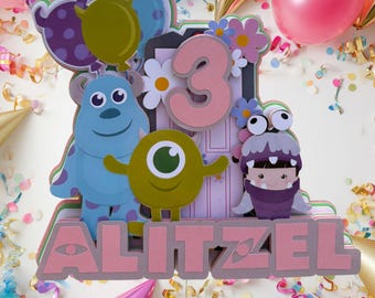 Taarttopper met monsterthema voor een verjaardag | Gepersonaliseerde taarttopper met monsterthema | Naam en leeftijd op maat | Feestdecoratie van gelaagd karton