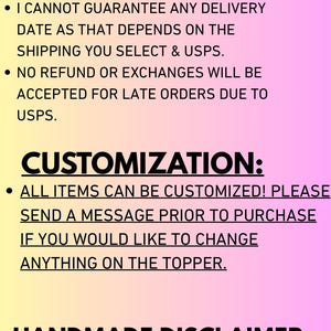 May include: A graphic with text that reads "FAQ (please read)" and details about shipping, customization, and a handmade disclaimer. The text is in black font on a gradient yellow to pink background. A logo is in the top right corner.