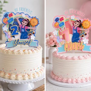 May include: Two cake toppers featuring a cartoon character, a sun, a school bus, and balloons with the text 'HI FRIENDS' and 'YOU CAN SAY TWO' or 'YOU CAN SAY ONE'. The toppers include the names 'Yousef' or 'Alani' and the numbers 1 or 2.