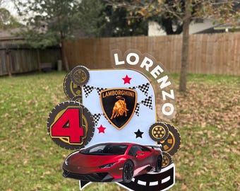Luxe sportwagen verjaardagstaart topper, aangepaste naam en leeftijd, raceauto thema taartdecoratie, topper verjaardagsfeestje jongen
