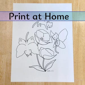 May include: A black and white printable coloring page featuring a whimsical design of cats with butterfly wings and poppy flowers. The text "Print at Home" is at the top of the page.