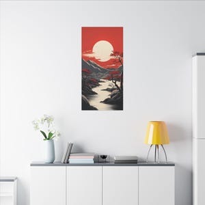 Scenic Canvas Art Print, Wall Decor, Japanese Landscape, Red Sun Art, Home Decor, Gift for Nature Lovers