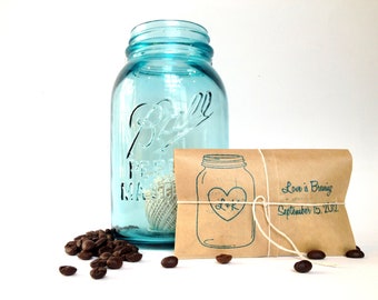 Coffee Wedding Favors. Set of 50 freshly roasted coffee favors with custom rubber stamp by Apropos Roasters.