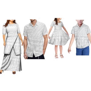 Custom Polynesian Crew Neck Short Sleeve Puletasi Dress and Aloha Men Shirts Match Children Clothes Family Set