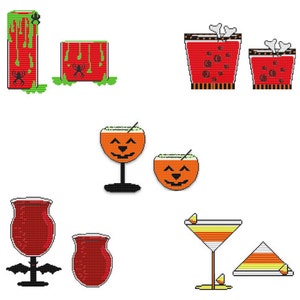 May include: A set of Halloween-themed drinkware featuring various designs, including a pumpkin, a skull, and a spider. The drinkware is made of glass and is decorated with red, orange, and green colors.
