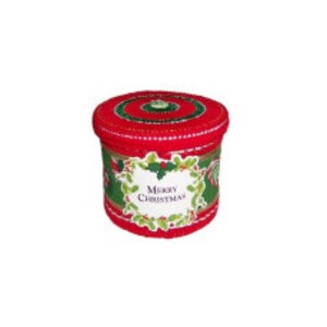 May include: Red and green Christmas gift box with a white and green holly design and the words "Merry Christmas".