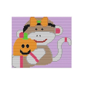 May include: A brown monkey wearing a green and orange bow holding a jack-o'-lantern with a smiling face. The monkey is on a purple background.
