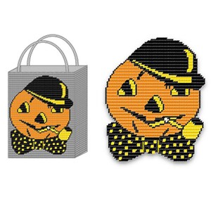 May include: A Halloween-themed treat bag with a pumpkin face wearing a black hat and bow tie. The pumpkin has a yellow and orange face with black eyes and a black mouth.