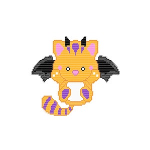 May include: A cute orange and purple pixelated cat with black wings and horns. The cat has pink ears and a pink nose.