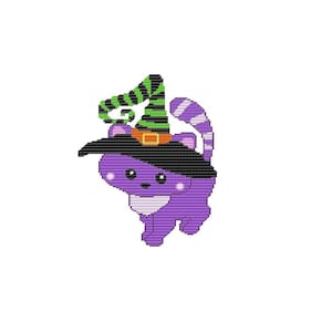 May include: A purple cat wearing a black witch hat with a green and black striped brim and an orange buckle. The cat has a white bib and a striped tail. This Halloween-themed design is perfect for cross-stitch projects.