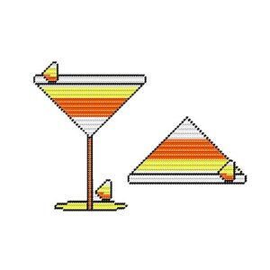 May include: A yellow, orange, and white candy corn martini glass with a candy corn garnish. A separate candy corn triangle is also shown.