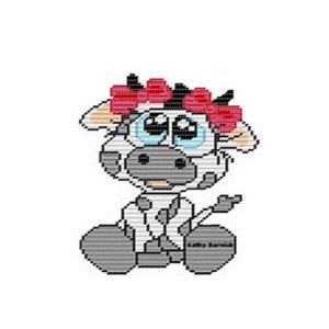May include: A cute, pixelated cow illustration with a flower crown. The cow is primarily white and gray, with large blue eyes and a pink flower crown. The image is on a white background, and the artist's name, Kathy Barwick, is visible.