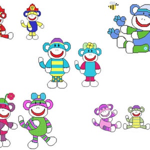 May include: A collection of colorful sock monkey toys. The monkeys are wearing different outfits, including a firefighter hat, a blue and yellow striped shirt, and a pink dress. Some monkeys are holding small birds and bees.