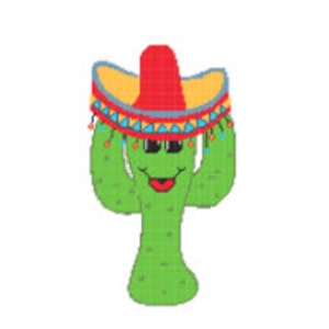 May include: A green cactus wearing a red, yellow, and blue sombrero with a smiling face and sunglasses.