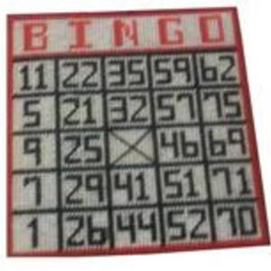 May include: A Bingo card with a red border and black grid lines. The word "BINGO" is at the top. Numbers are arranged in a 5x5 grid. The numbers are in black, and the card is white.