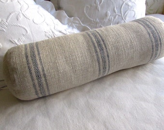 7x27 French Country rustic chic Bolster pillow includes insert blue stripes