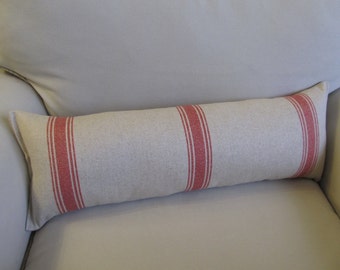 FRENCH LAUNDRY Linen/Cotton 9x25 Bolster/lumbar pillow in red stripes