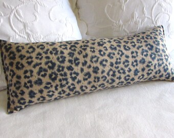 CHEETAH linen 9x25 Bolster/lumbar/throw/accent/toss pillow blue and tan