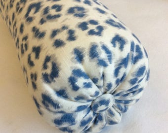 Cheetah print linen denim blue bolster lumbar pillow 6x14 6x16 6x18 6x20 6x22