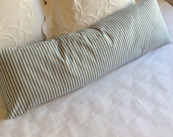 TICKING decorative daybed bolster pillow denim blue stripes 11x36