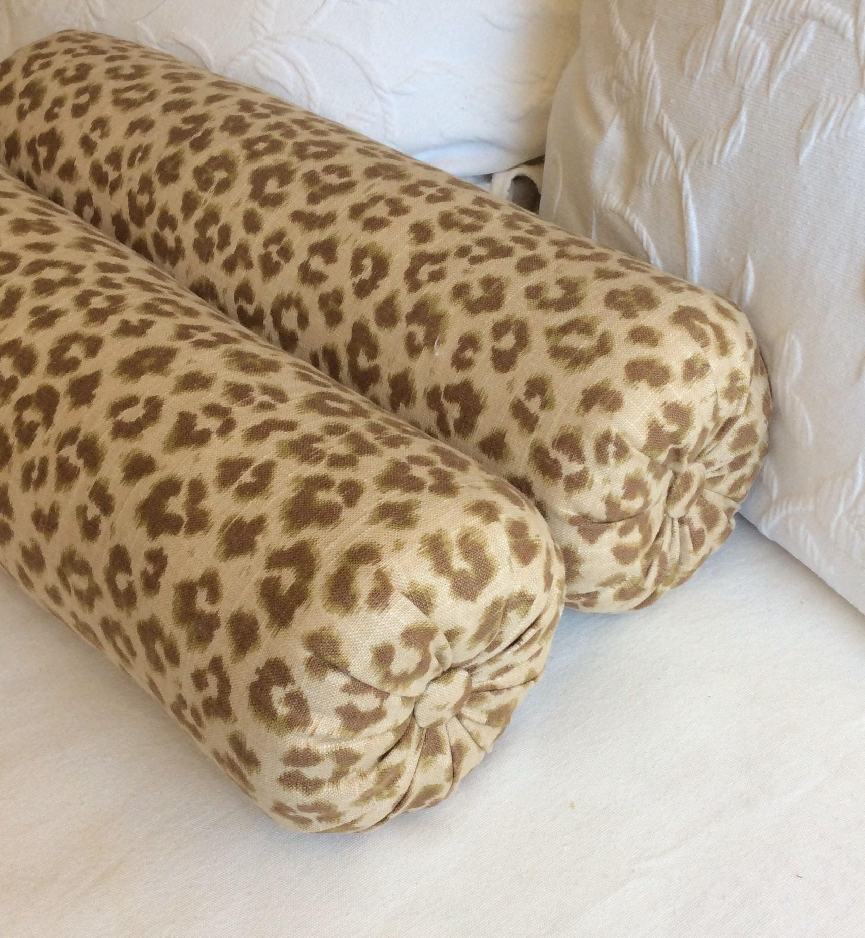 PAIR Cheetah Print Linen Bolster Pillows 6x14 6x16 6x18 6x20 6x22
