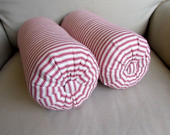 TICKING  red and white PAIR Bolster pillows 6x14 6x16 6x18 6x20 6x22