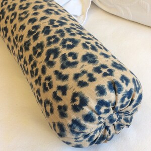 Cheetah print linen Blue tan bolster lumbar pillow 6x14 6x16 6x18 6x20 6x22