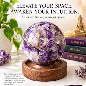 Op de afbeelding: Een dieppaarse amethistbol met een rijke gouden interne matrix, rustend op een ronde, op maat gesneden walnoothouten voet. De tekst STARAGATECRYSTAL, ELEVATE YOUR SPACE. AWAKEN YOUR INTUITION. The Divine Harmony Amethyst Sphere en SHOP THE MYSTERY zijn zichtbaar.