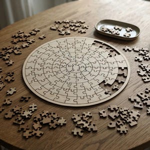 May include: A circular wooden jigsaw puzzle with a radial pattern of interlocking pieces. The puzzle is partially assembled on a round surface, surrounded by numerous loose, light-colored wooden puzzle pieces and a small oval tray containing more pieces.