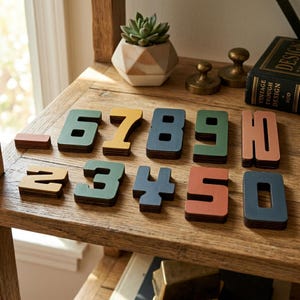 May include: Wooden number blocks in various colors, including green, yellow, and blue, are arranged on a wooden shelf. A small succulent plant in a geometric pot and a vintage book are also on the shelf.