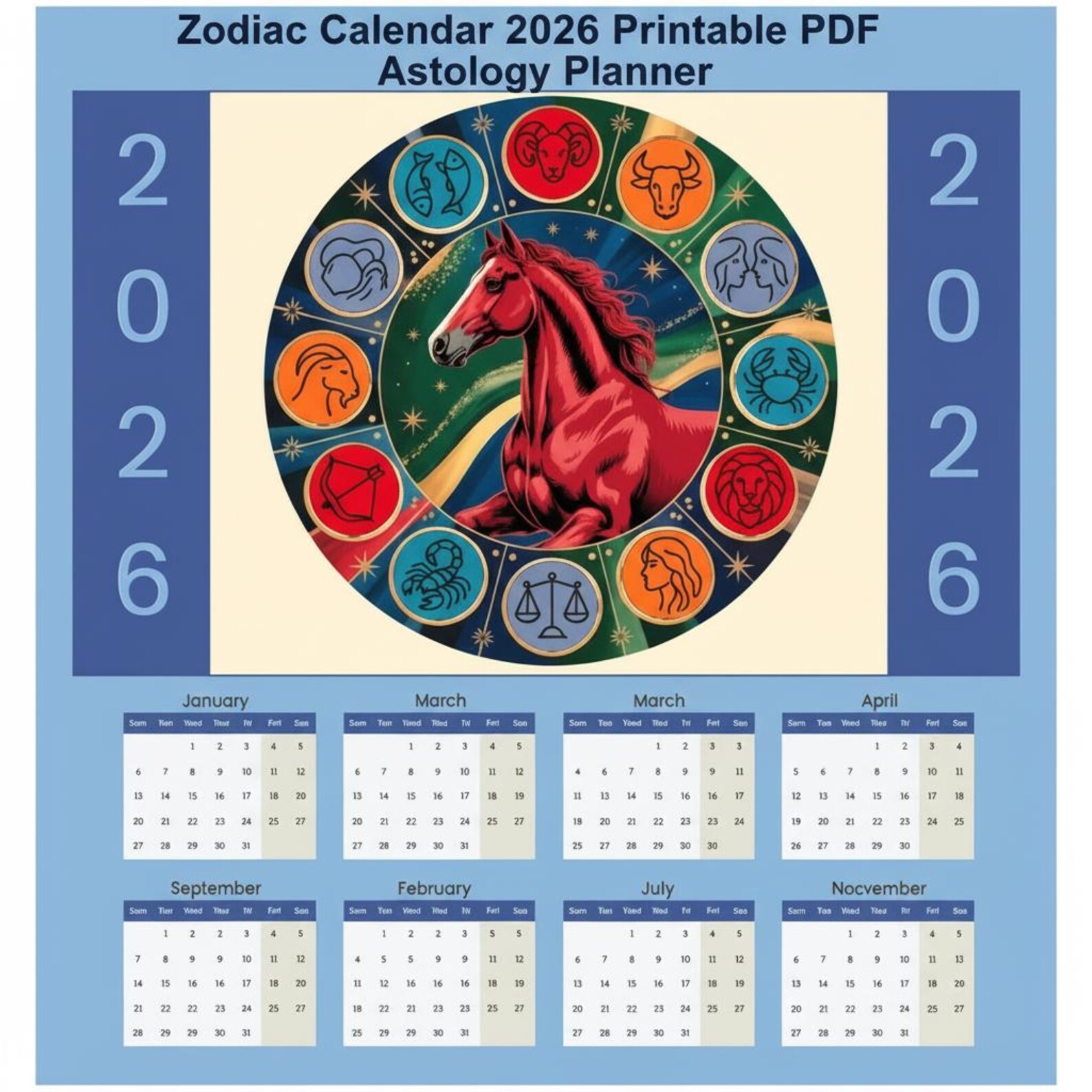Zodiac Calendar 2026 Printable | Astrology Calendar PDF | Horoscope ...