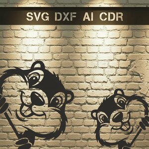May include: Black metal squirrel silhouette design with the text "SVG DXF AI CDR" above. The squirrel design is repeated twice. The background is a light brown brick wall.