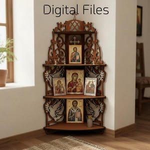 May include: A wooden corner shelf with ornate carvings and multiple levels. The shelf displays religious icons and small decorative items. The text "Digital Files" is at the top. The shelf is positioned in a corner of a room.