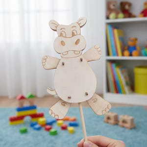 Ruchoma lalka hipopotam SVG | Zabawka wycinana laserowo DXF | Drewniany hipopotam z przegubem | Zabawka Montessori
