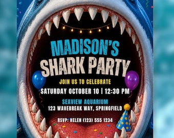 Editable Shark Birthday Invitation, Aquarium Party Invite, Ocean Sea Life, Canva Template, Digital & Printable