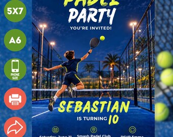 Editable Padel Court Party Invitation. Canva Template Birthday Invite. 5x7, A6, Phone