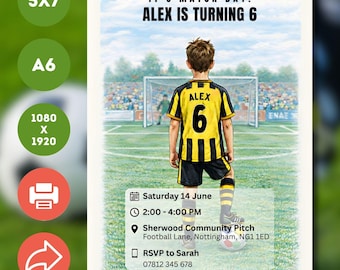 Bearbeitbare Fußballeinladung: Personalisierbare Fußball-Schwarz-gelbe Party-Einladung. Digitaler Download