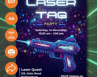 Editable Laser Tag Party Invite: Neon Blaster Canva Birthday Invitation Template. 5x7, A6, Phone