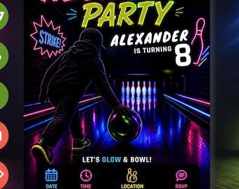 Neon Bowling Birthday Invitation, Editable Canva Template, Glow Bowling Party Invite, Digital & Printable