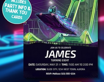 Editable Slide Park Bundle. Neon Canva Template Birthday Invite, Party Info & Thank You Set.