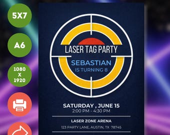 Bearbeitbare Einladung zur Laser-Tag-Party | Target Canva Geburtstagsvorlage | Sofort-Download