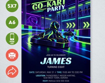 Editable Go Karting Party Invitation. Neon Racing Canva Template Birthday Invite. Instant Download