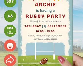 Modèle d'invitation d'anniversaire de rugby : invitation numérique à une fête sportive modifiable.
