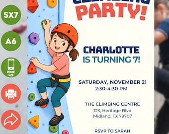 Editable Rock Climbing Birthday Invitation. Kids Bouldering Party. Climbing Wall Canva Template