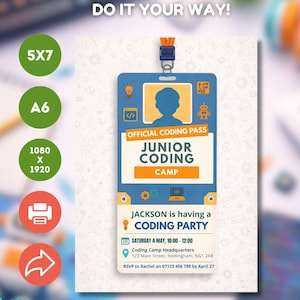 May include: A blue and orange Junior Coding Camp pass with the text "OFFICIAL CODING PASS" and "JUNIOR CODING CAMP". The pass includes the date, time, and location of a coding party.