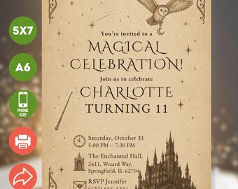 Editable Halloween Party Invitation: Wizard School of Magic Birthday Canva Template A6, 5 x 7, Phone